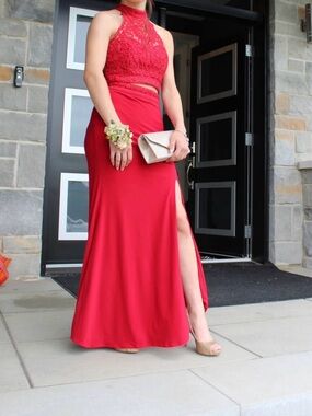 Camille La Vie Red Two-Piece Halter Prom Dress